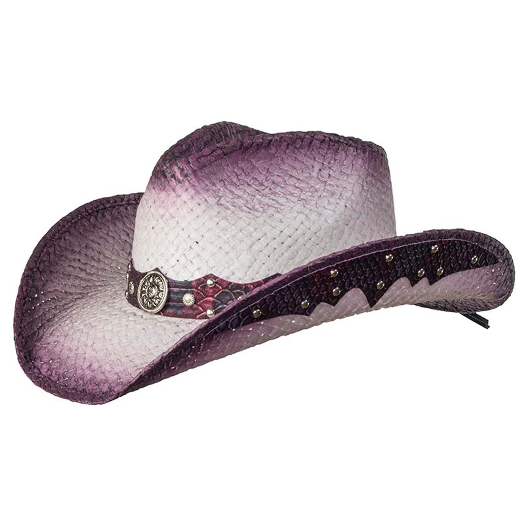 WE LIN-106 Straw Western Pinch Front Hat with Purple Trim, Sunburst Concho Hat Band, & Leather Sides