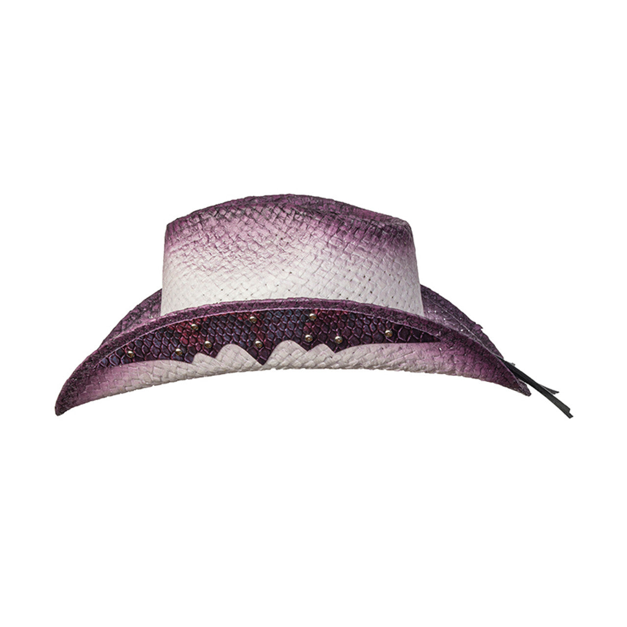 WE LIN-106 Straw Western Pinch Front Hat with Purple Trim, Sunburst Concho Hat Band, & Leather Sides WE LIN-106 Straw Western Pinch Front Hat with Purple Trim, Sunburst Concho Hat Band, & Leather Sides