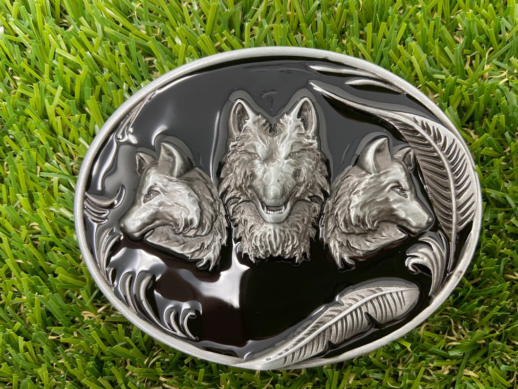 Buckle Wolf Head Buckle with silver Feathers WT012BK