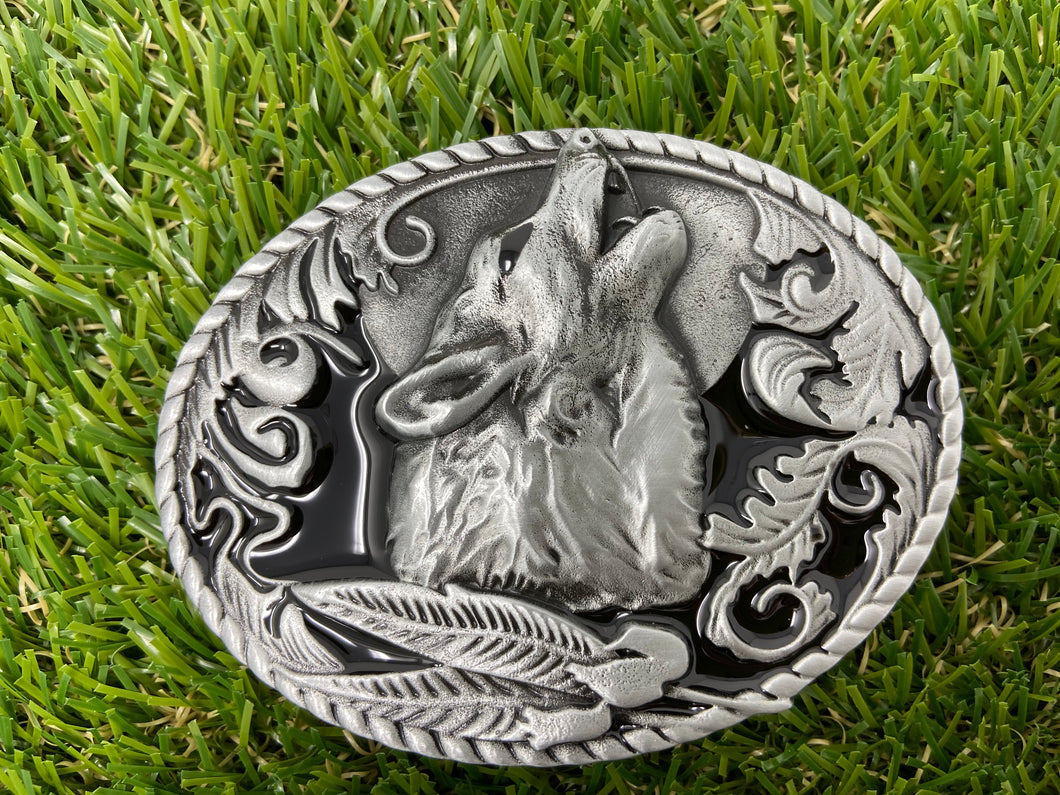 Buckle Wolf Head Buckle with silver Feathers WT013BK