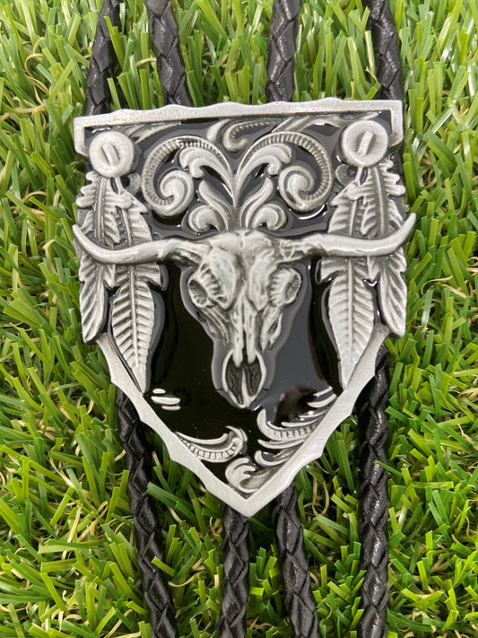 Vintage Black Enamel Long Horn Bolo Tie WT076BK