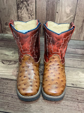 Load image into Gallery viewer, Smoky Mountain Boots 3057T Autry Ostrich Print Brown/Red Western Toddler Boots
