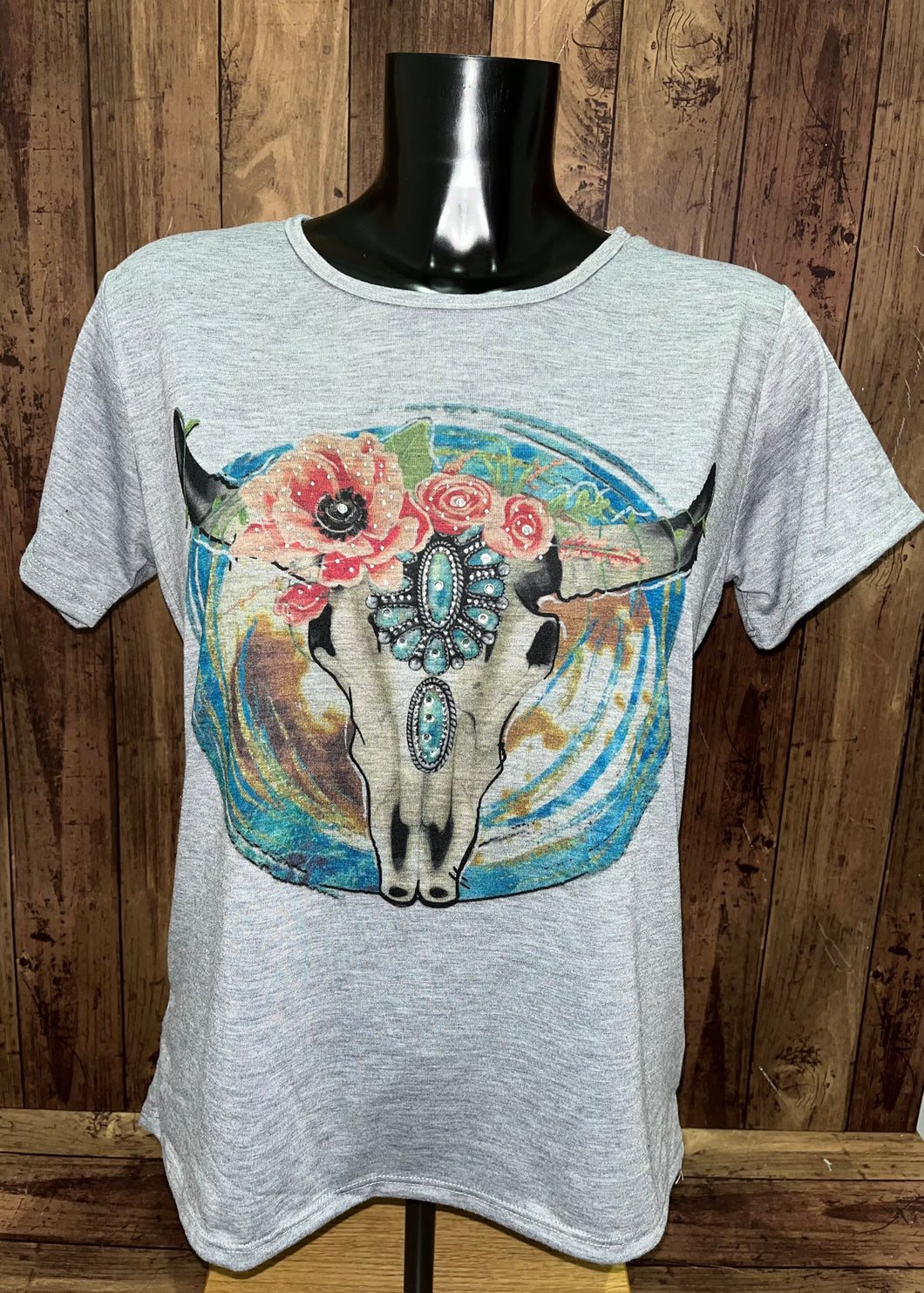 Sun Shirts 076-500-DNM Serape Cowskull Bling T-Shirt