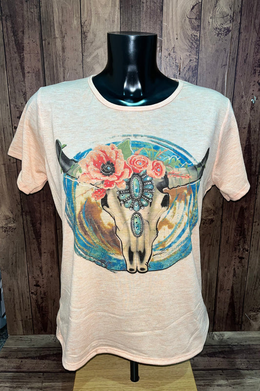 Sun Shirts 076-500-Orange Serape Cowskull Bling T-Shirt
