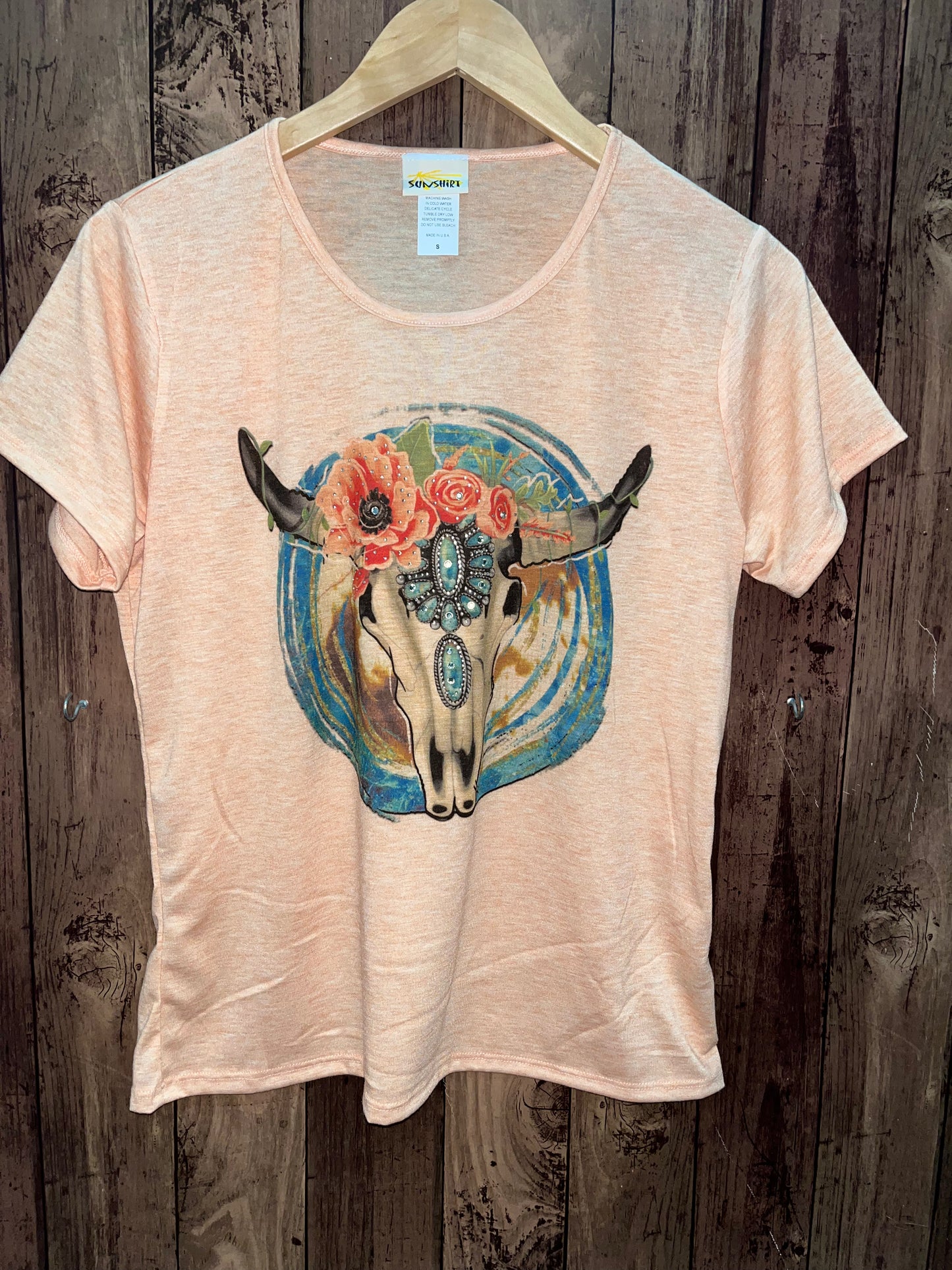 Sun Shirts 076-500-Orange Serape Cowskull Bling T-Shirt