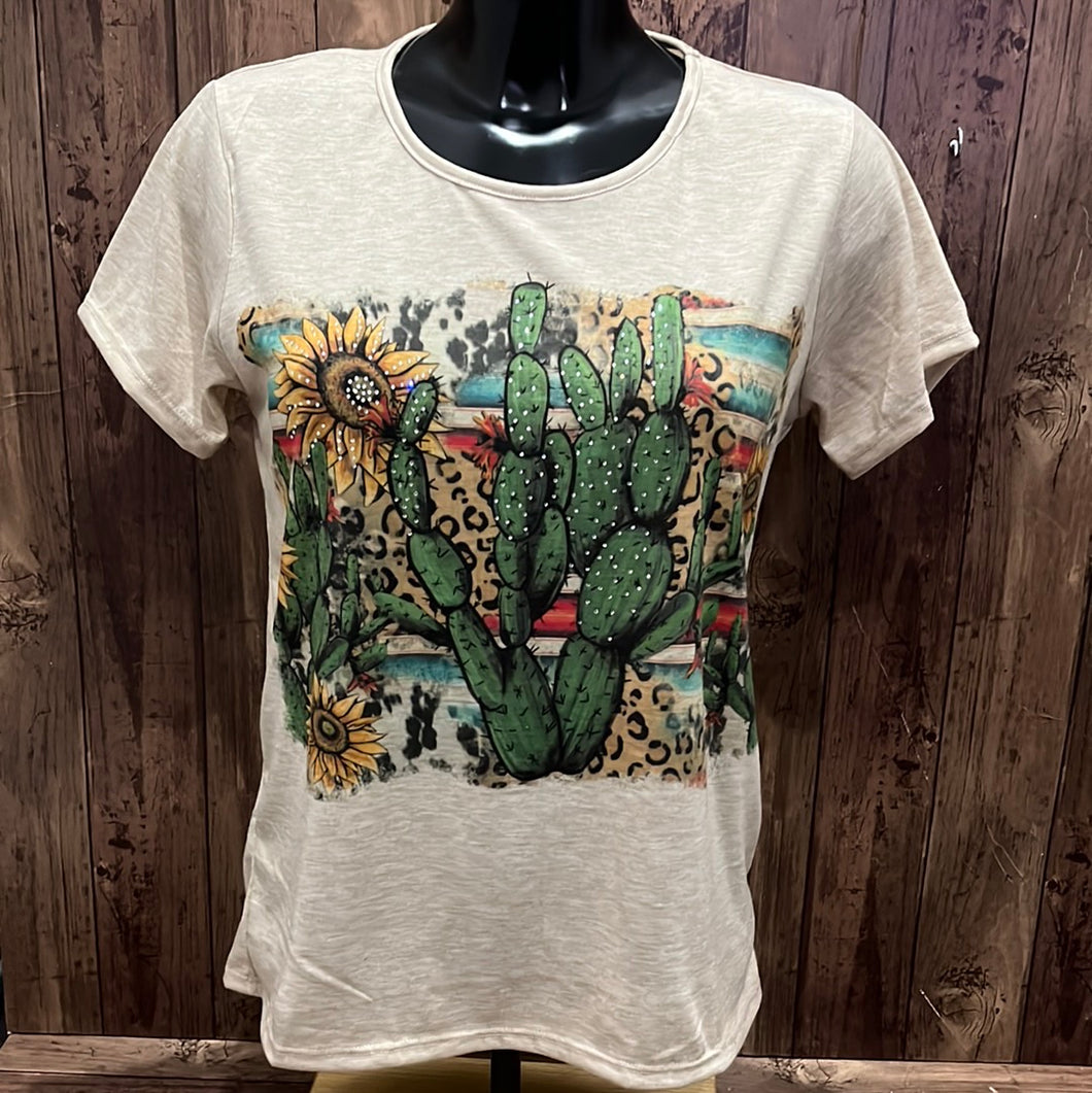 Sun Shirts 075-500 Oatmeal Serape Cactus Bling T-Shirt