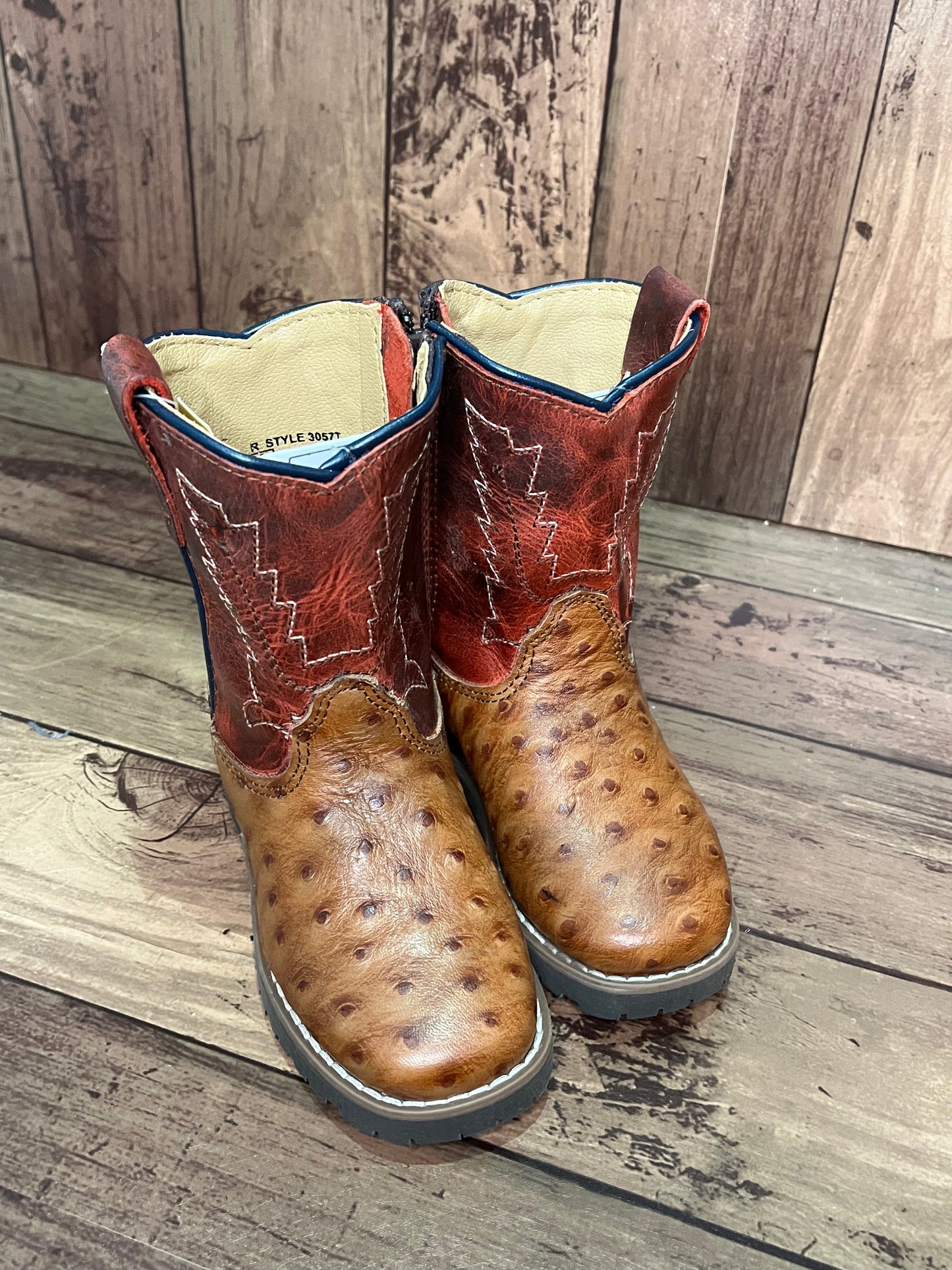 Smoky Mountain Boots 3057T Autry Ostrich Print Brown/Red Western Toddler Boots