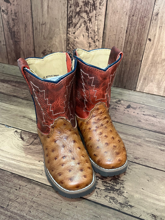 Smoky Mountain Boots 3057T Autry Ostrich Print Brown/Red Western Toddler Boots