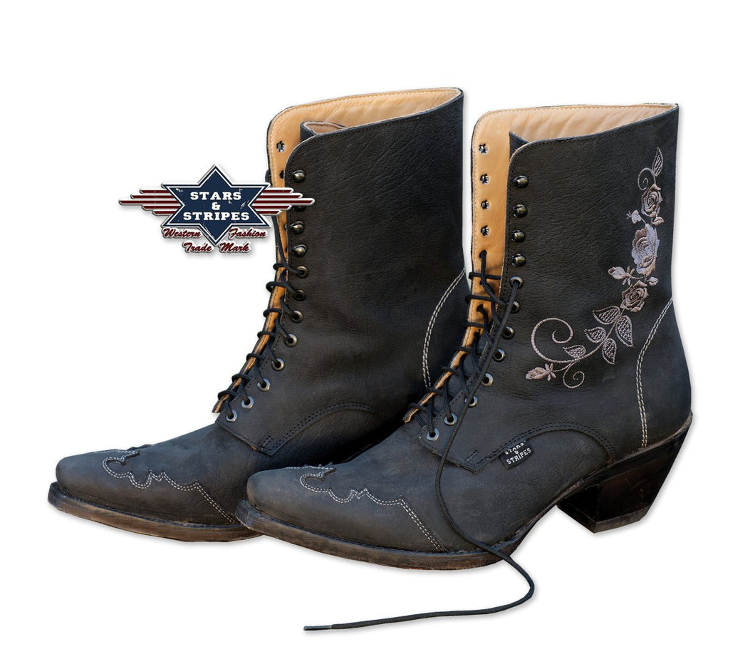 S&S Rosie Black Western Lace up Ladies Ankle Boots